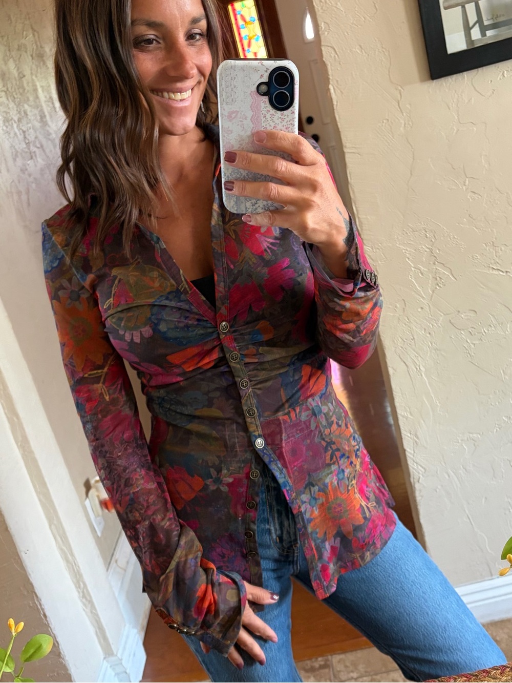 NATURAL LIFE Sheer Floral Mesh Button-Front Top in Black with Multicolor Floral